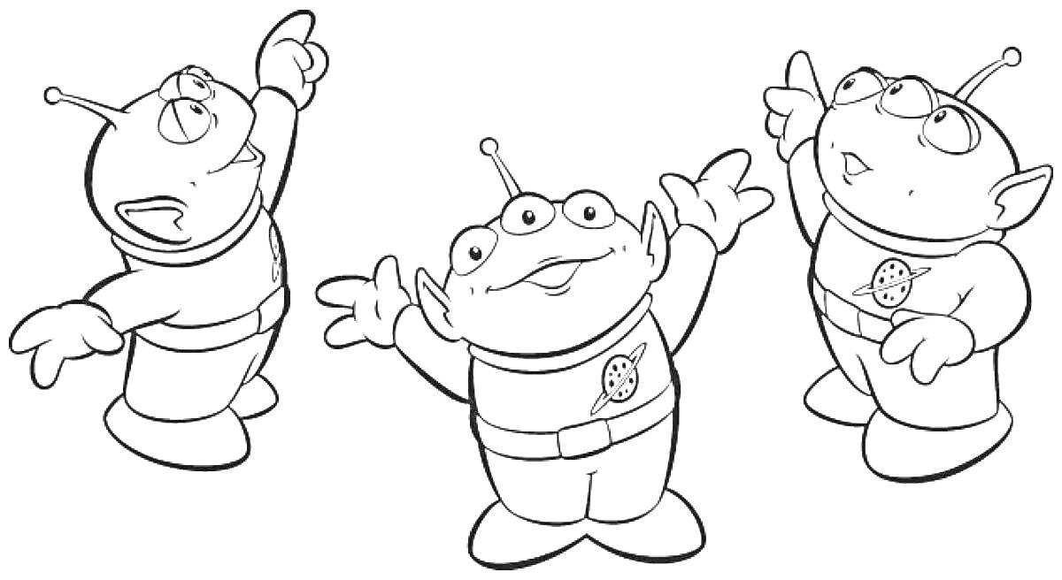 На раскраске изображено: Инопланетяне, Космический костюм, Антенны, Поднятые руки, Три персонажа