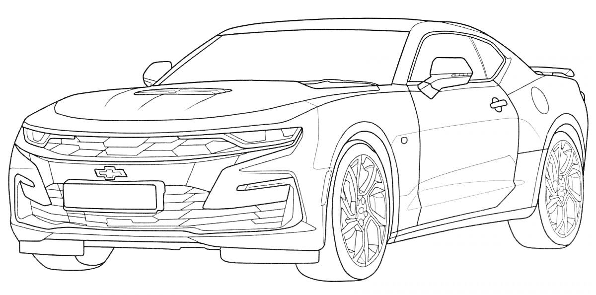 На раскраске изображено: Шевроле, Камаро, Спорткар, Колёса, Фары, Капот, Бампер