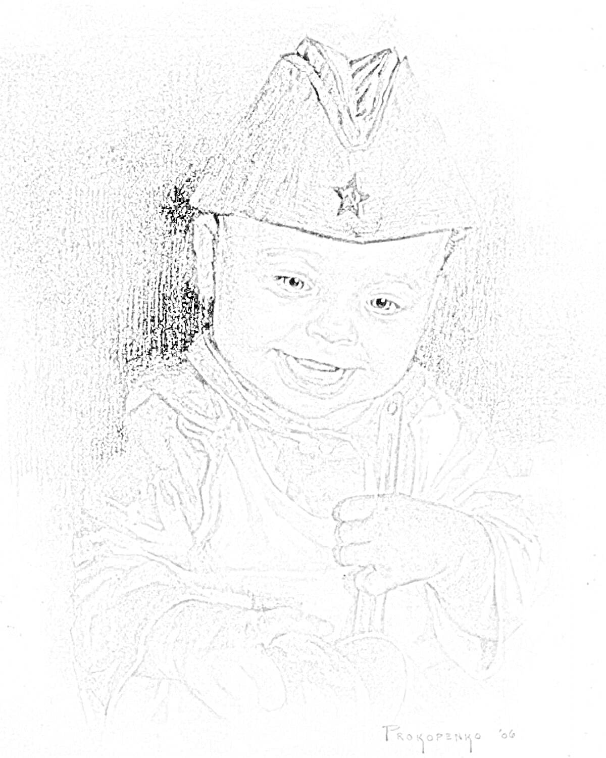 Раскраска Мальчик в военной форме, в пилотке с красной звездой, с улыбкой на лице