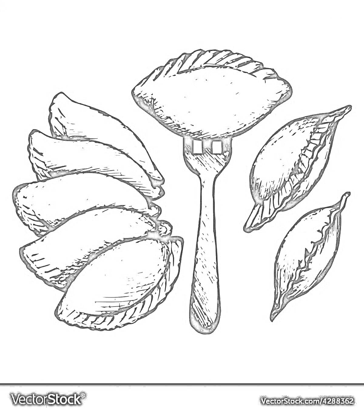 На раскраске изображено: Вареники, Вилка, Еда, Кулинария, Контурные рисунки