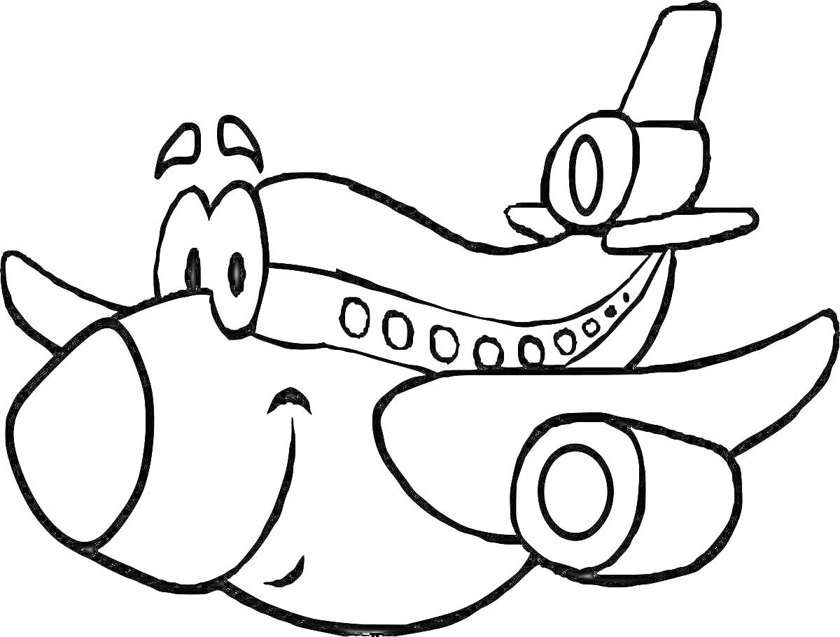 Раскраска Улыбающийся мультяшный самолет с большими глазами, иллюстрация