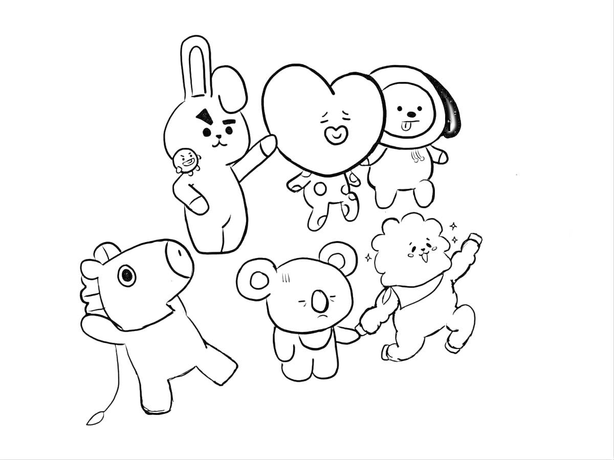 На раскраске изображено: BTS, Игрушки, Кролик, Собака, Лошадь, Медведь, Лев