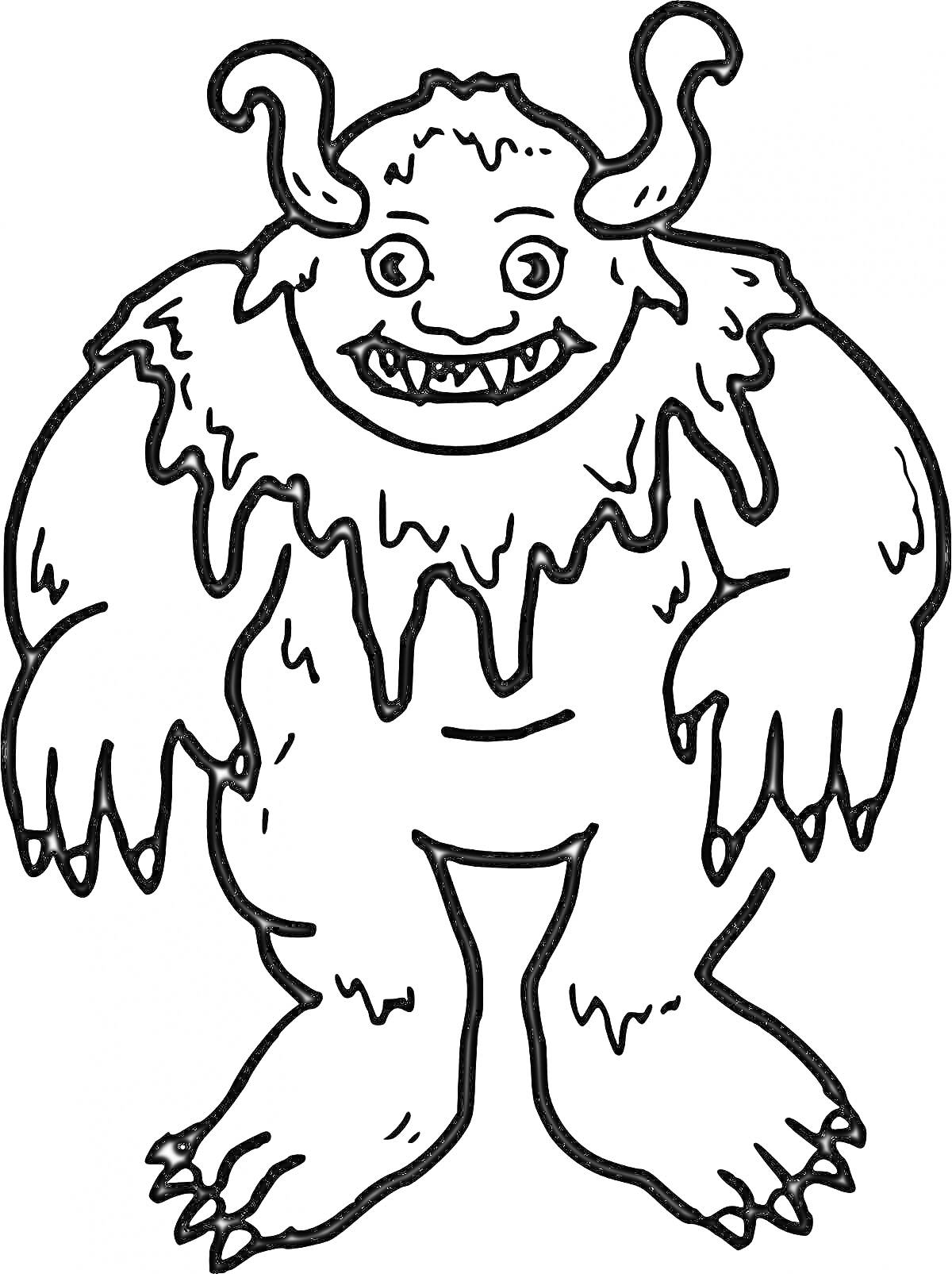 Раскраска Монстр с рогами, большими зубами, лапами с длинными когтями и махровым мехом
