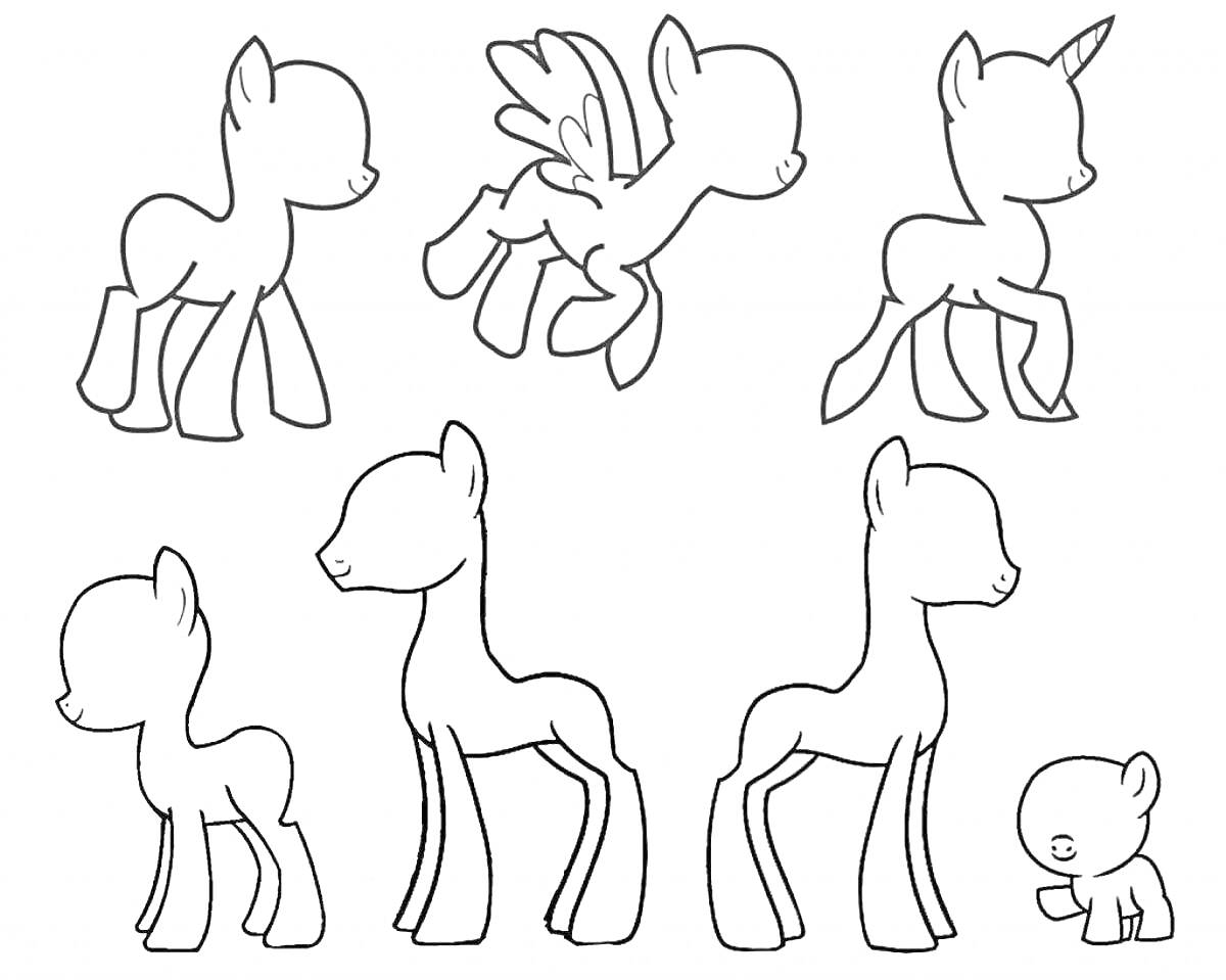Шесть контурных рисунков животных, включая четырех простых лошадок, одно крылатое существо и одного единорога, рядом маленькое существо