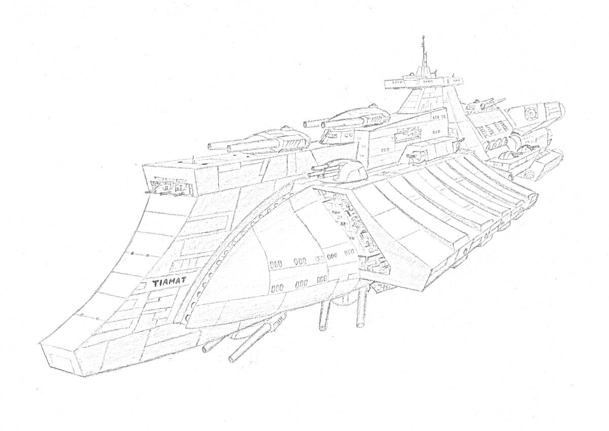 Раскраска Линкор с башенными орудиями, антеннами и сложной структурой палубы