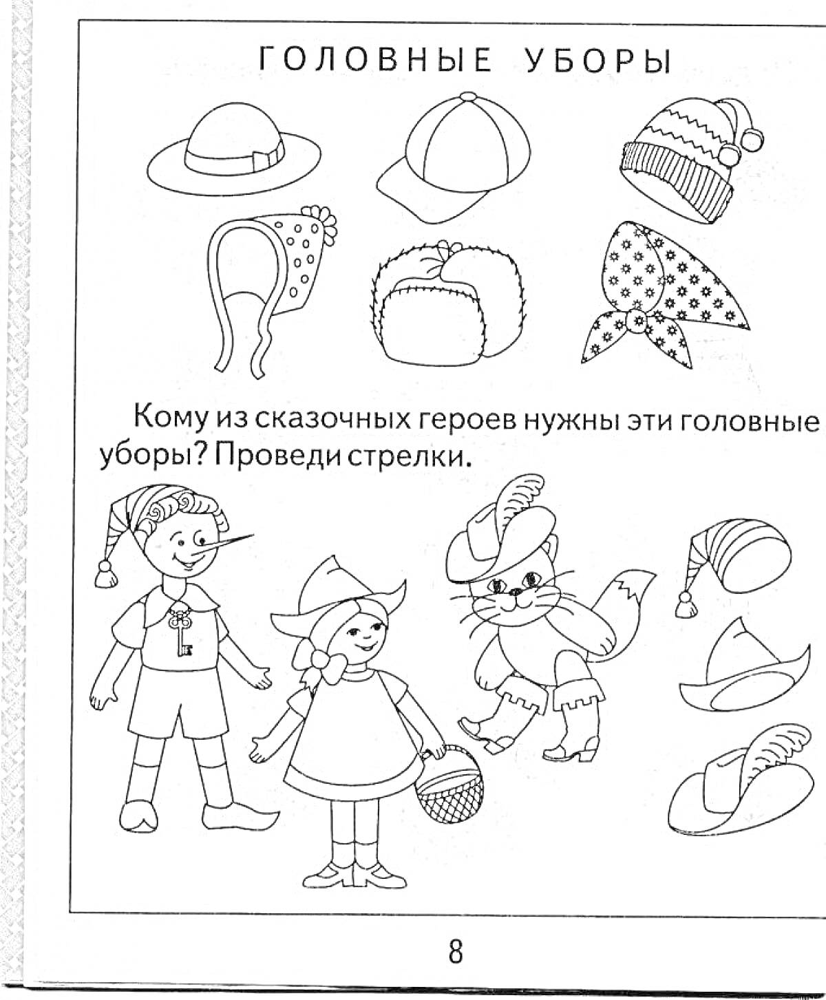 На раскраске изображено: Головные уборы, Шляпа, Шапка, Ушанка, Сказочные герои