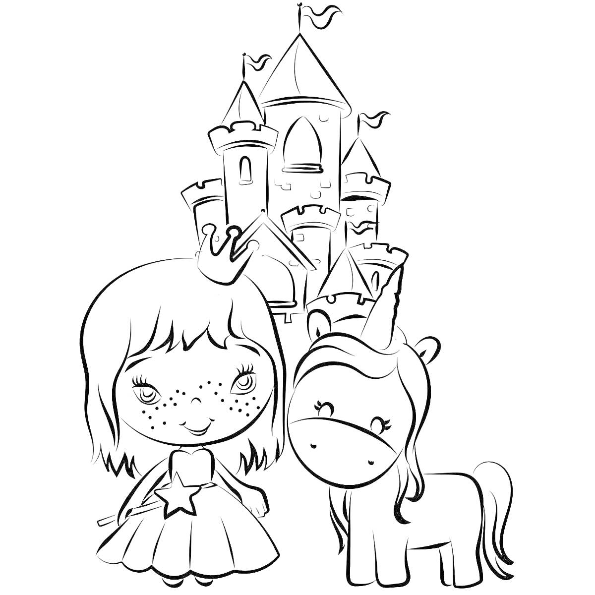 На раскраске изображено: Замок, Девочка, Корона, Платье, Башни, Для девочек