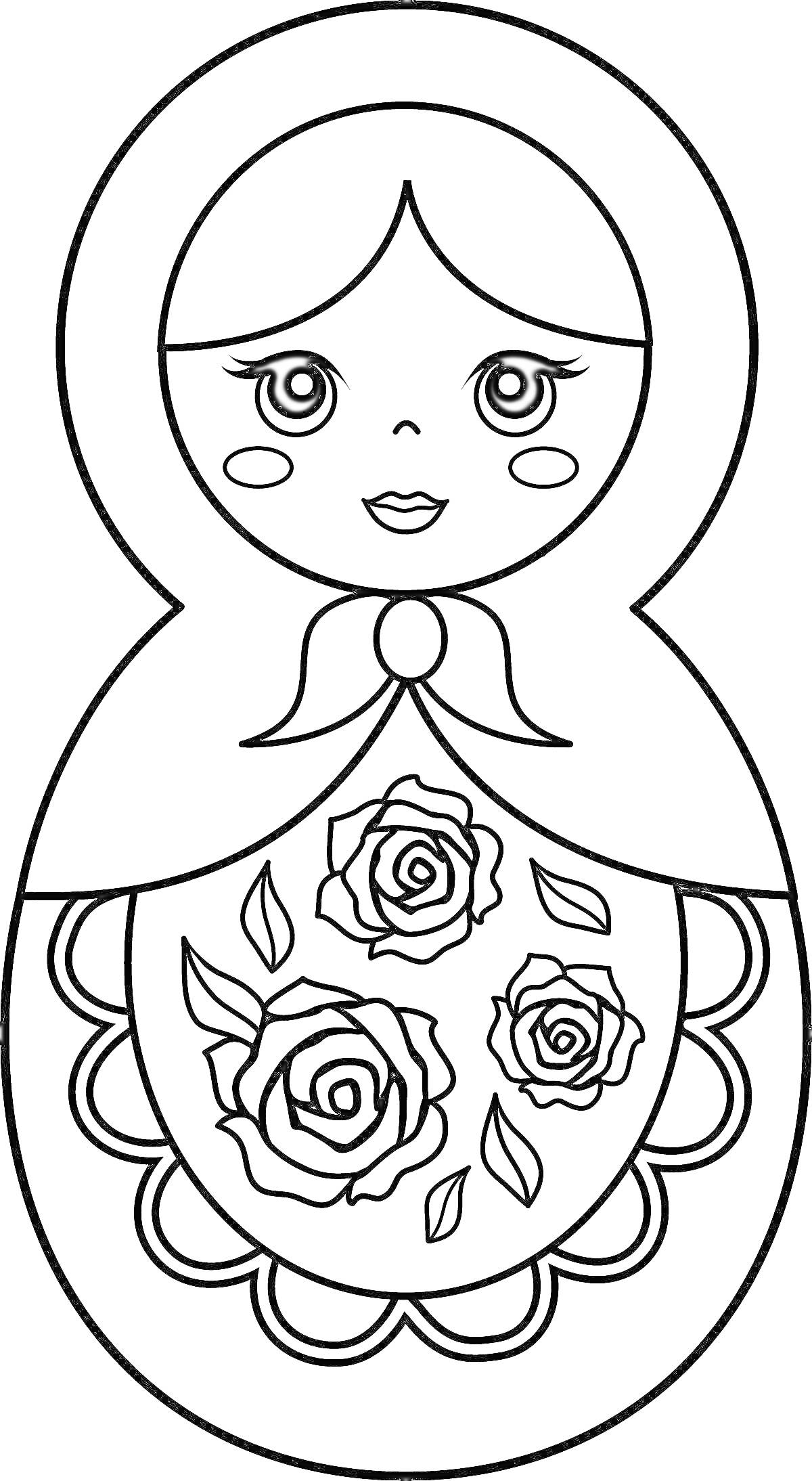 На раскраске изображено: Матрёшка, Простая, Цветы, Розы, Листья, Кукла
