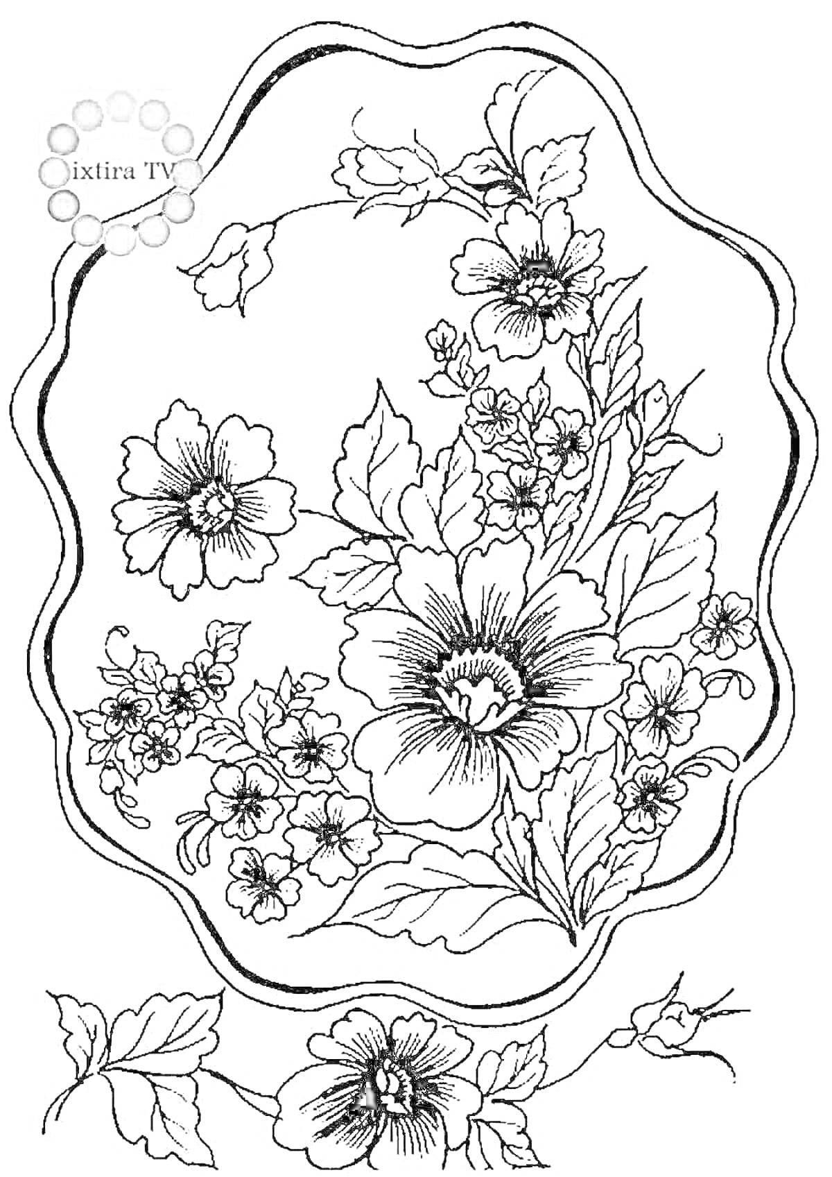 Раскраска Поднос с жостовской росписью, цветы и листья