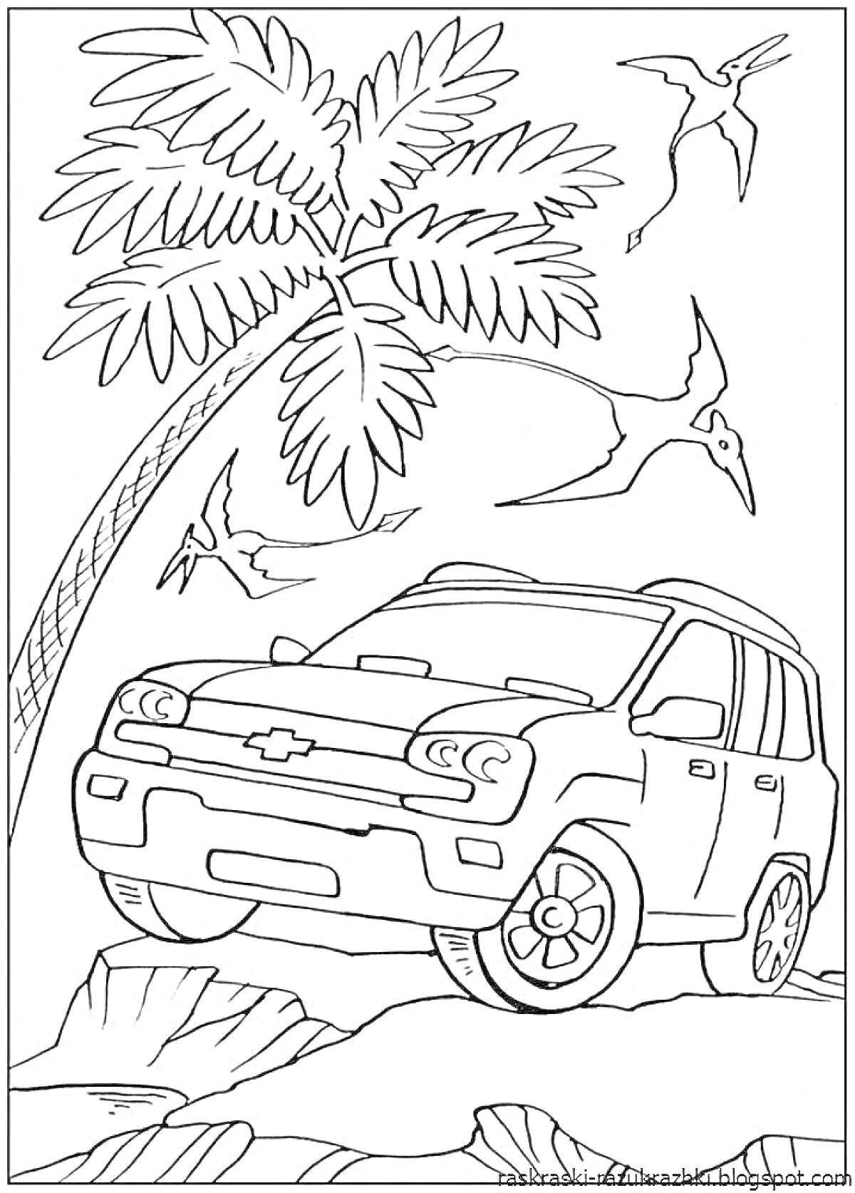 На раскраске изображено: Для детей, 6-7 лет, Внедорожник, Природа, Приключения, Пальмы, Птица, Мальчик, Авто