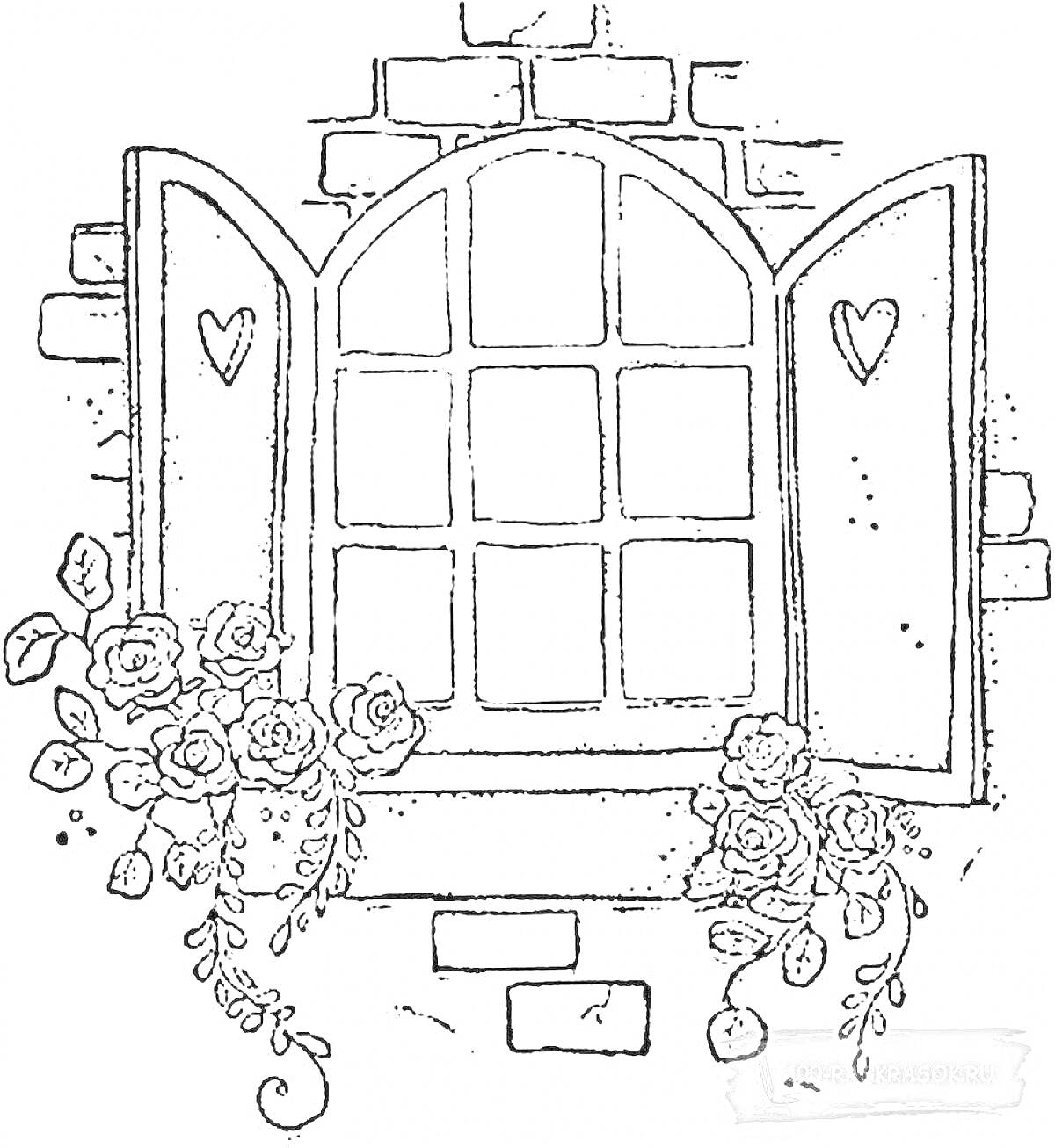Раскраска Окошко с открытыми ставнями, сердечками, кирпичной кладкой и цветами