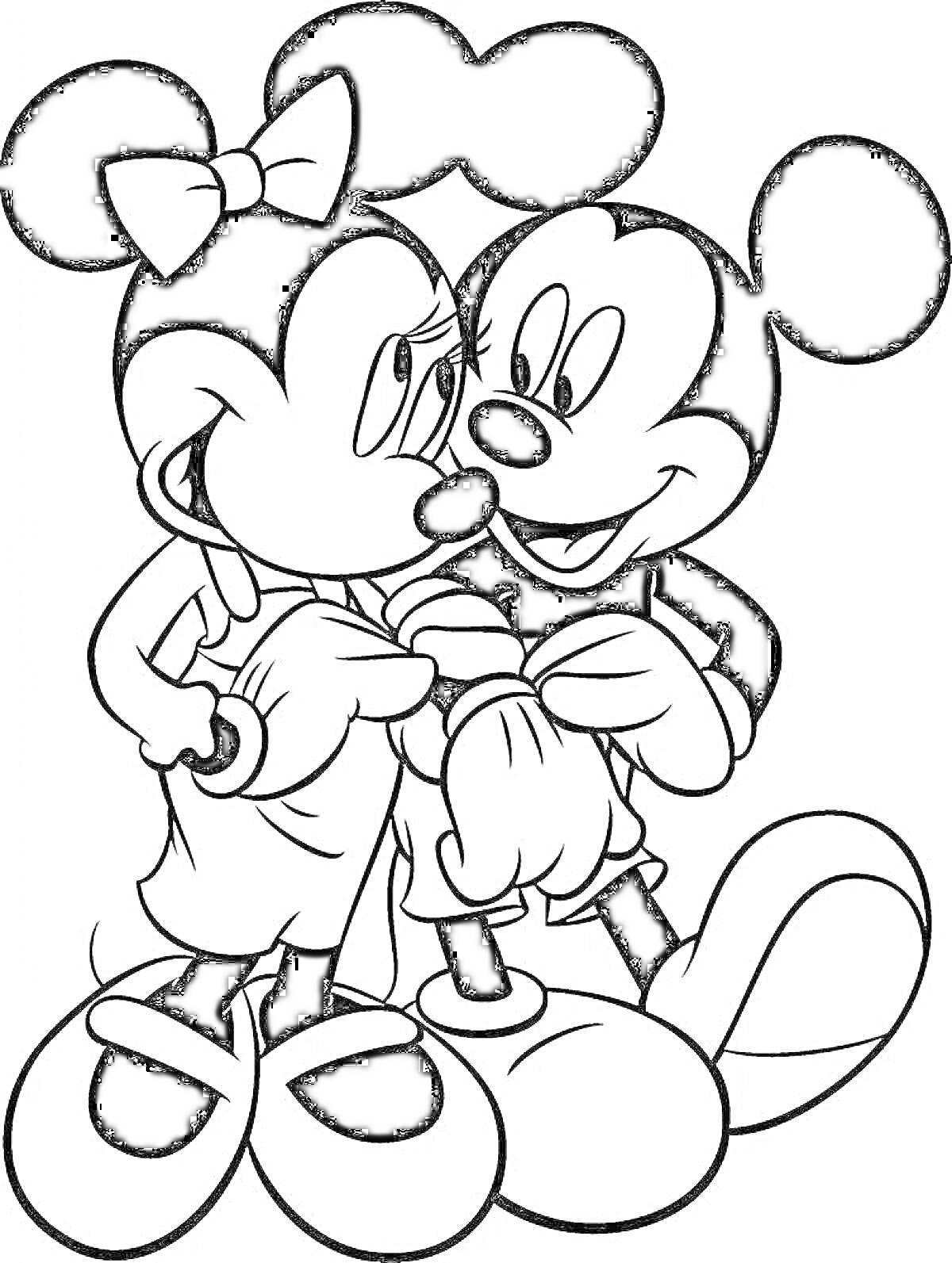 Раскраска Микки Маус и Минни Маус держатся за руки и обмениваются нежными взглядами
