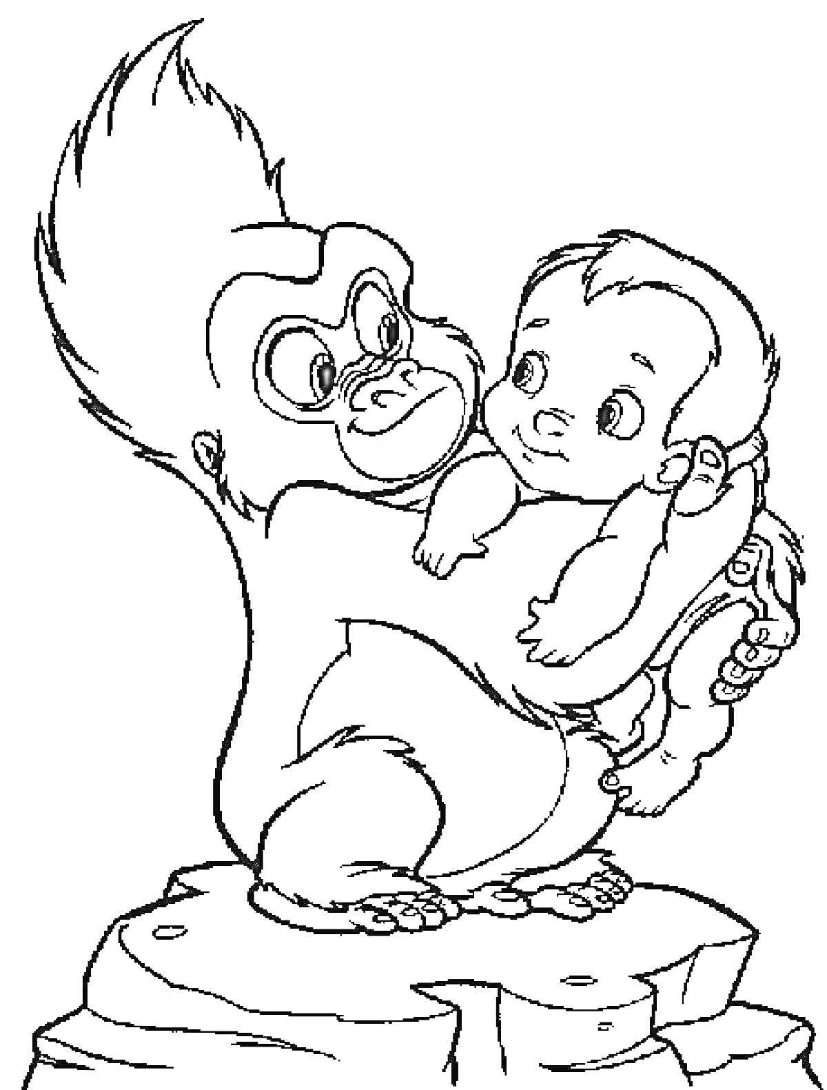 Раскраска Детеныш гориллы держит младенца Тарзана на скале
