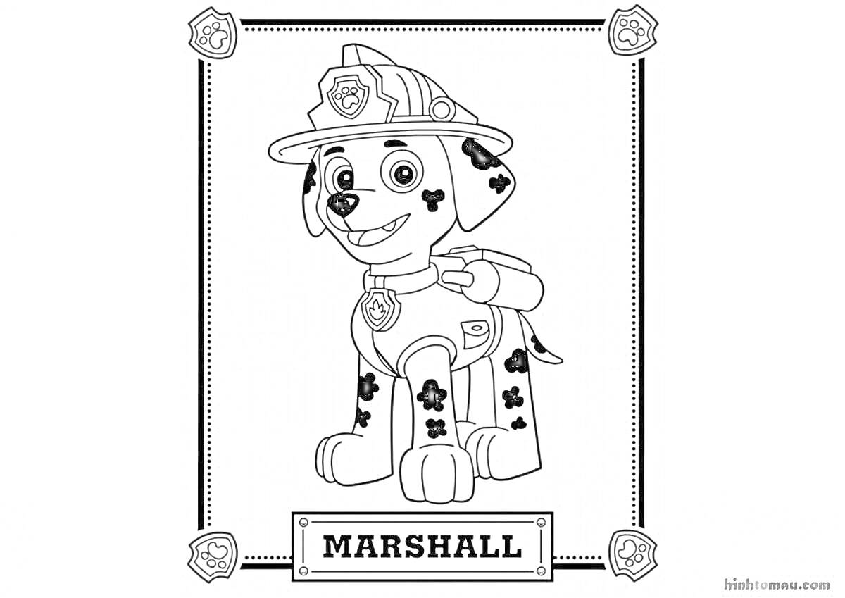 На раскраске изображено: Маршал, Каска, Жилет, Щенячий патруль, Собака, Пожарная служба