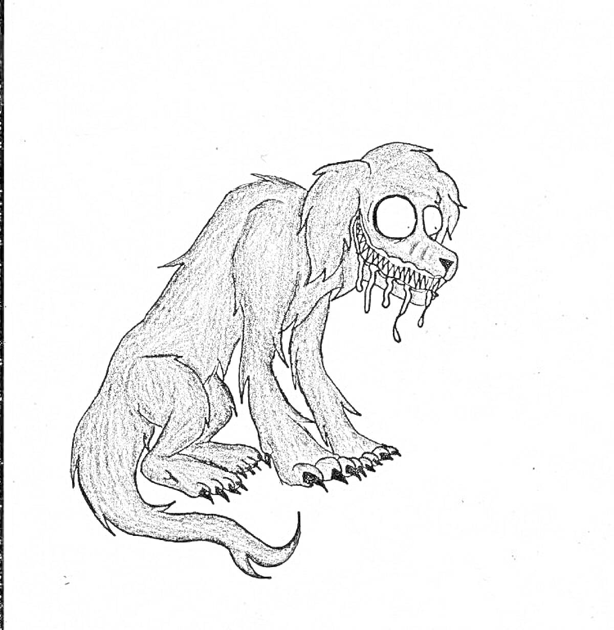Раскраска Образ чудовища-собаки с пустыми глазами и выделяющимися зубами, из которых капает жидкость