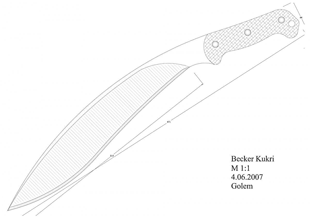 Раскраска Нож кукри Becker с рукояткой и лезвием, рисунок с размерами и подписью