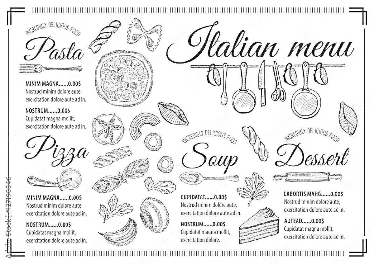 Italian menu. Паста (текст, тарелка с пастой, листья, бантики из макарон). Пицца (текст, кусочек пиццы, листья, помидоры, гриб, перец, чеснок). Суп (текст, суповые ингредиенты). Десерт (текст, торты и пирожные).