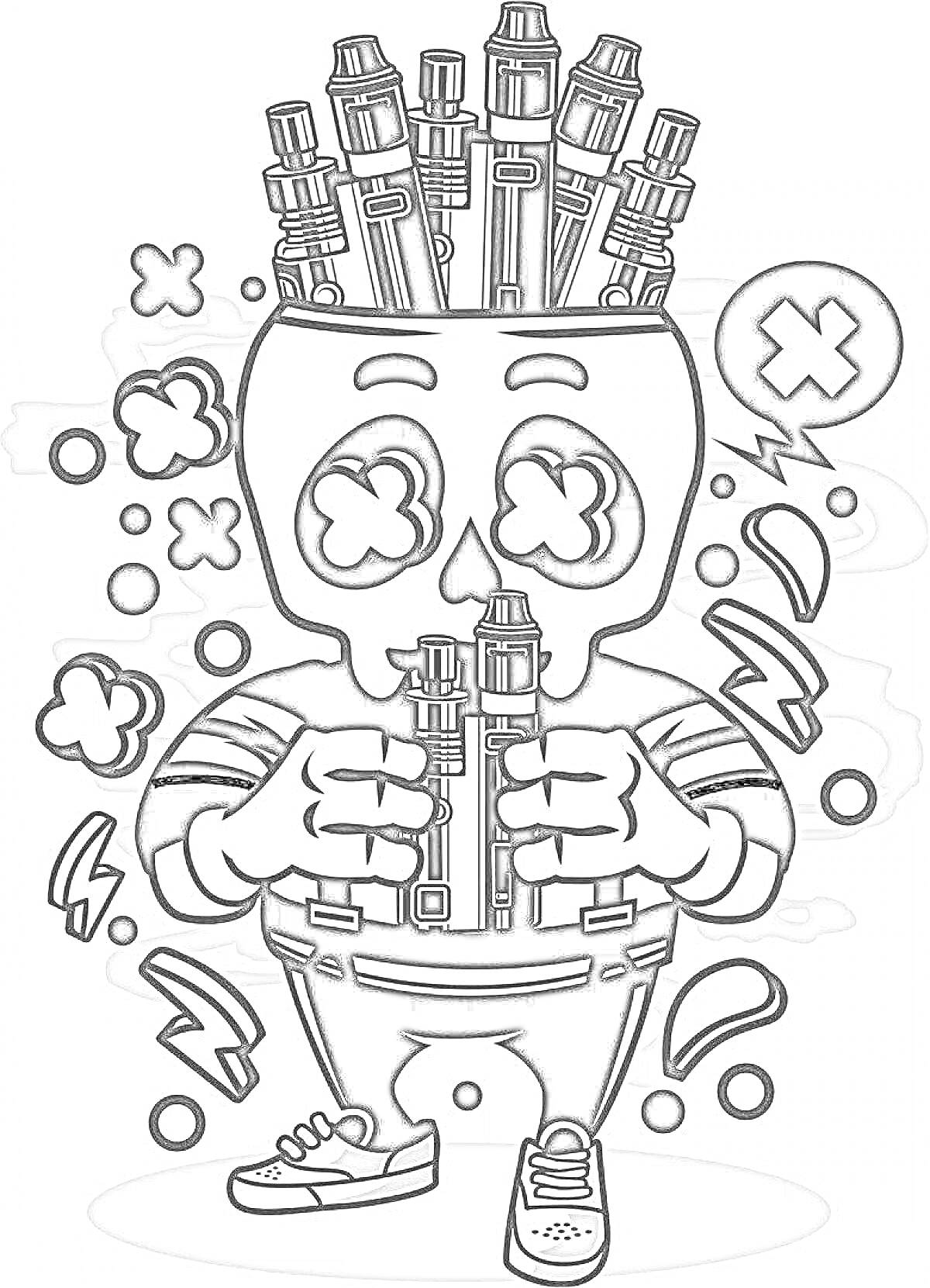 На раскраске изображено: Скелет, Вейп, Кеды, Руки, Облако дыма