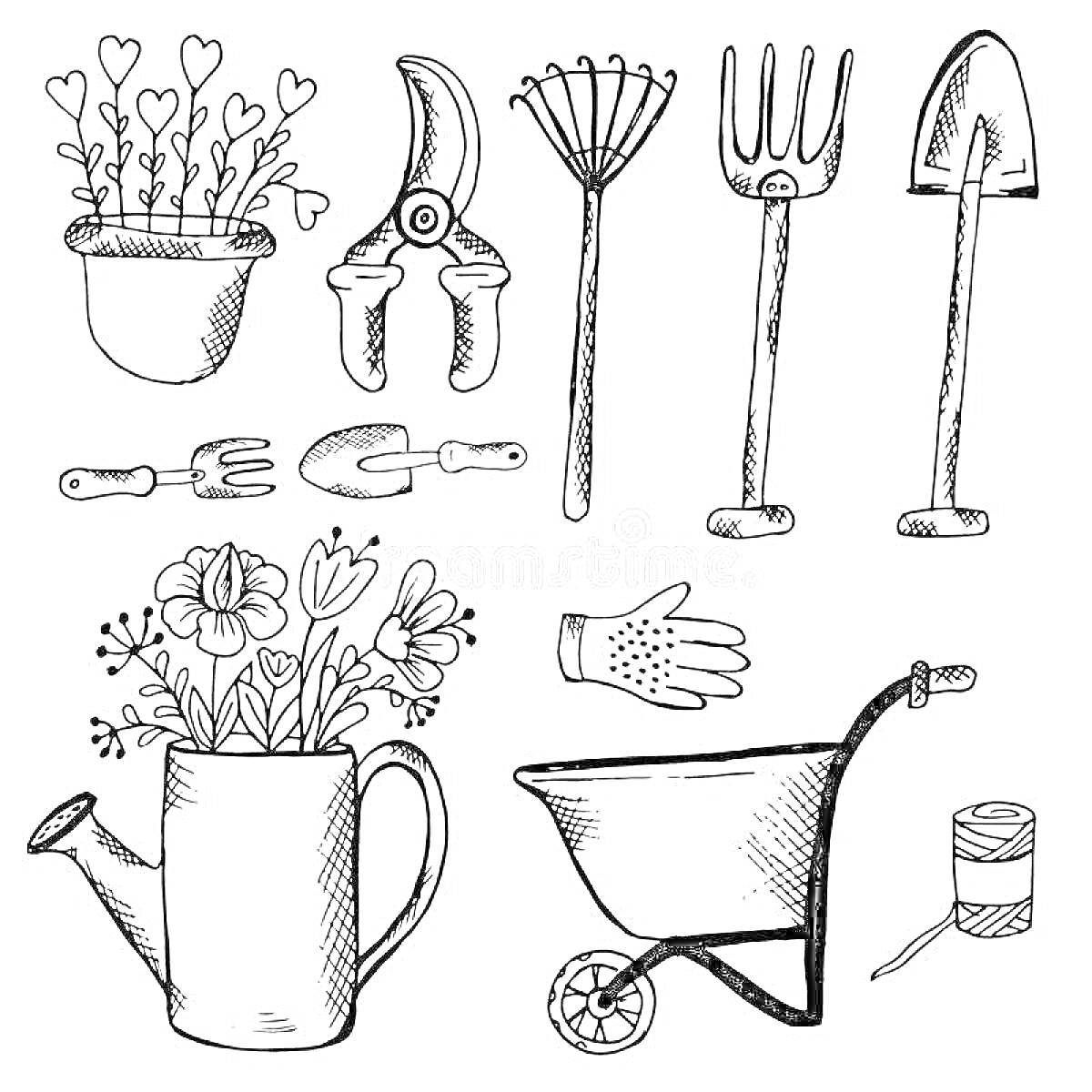 На раскраске изображено: Комнатные растения, Грабли, Вилы, Лопата, Цветы