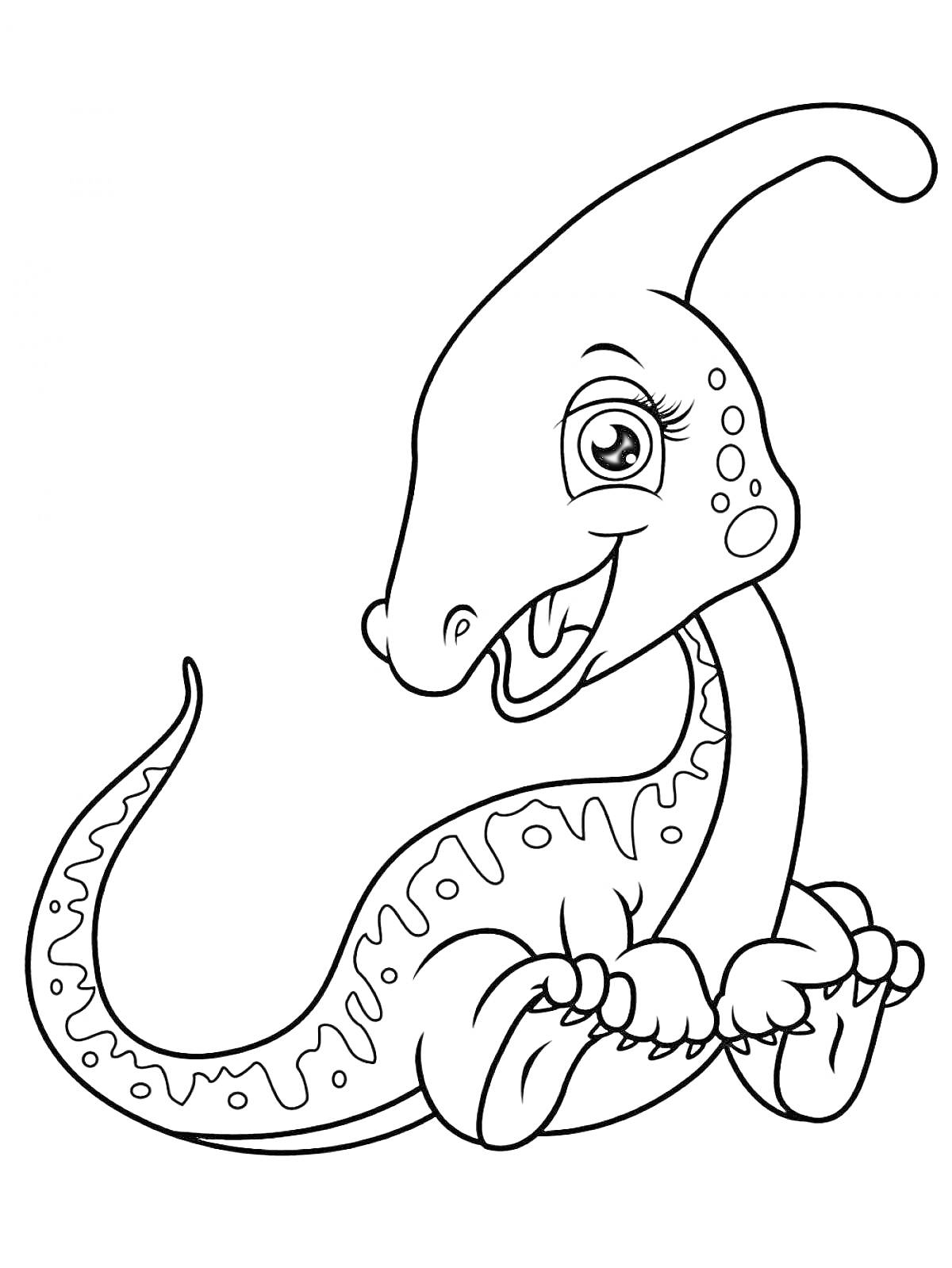 На раскраске изображено: Динозавр, Длинная шея, Улыбка, Большие глаза, Сидеть