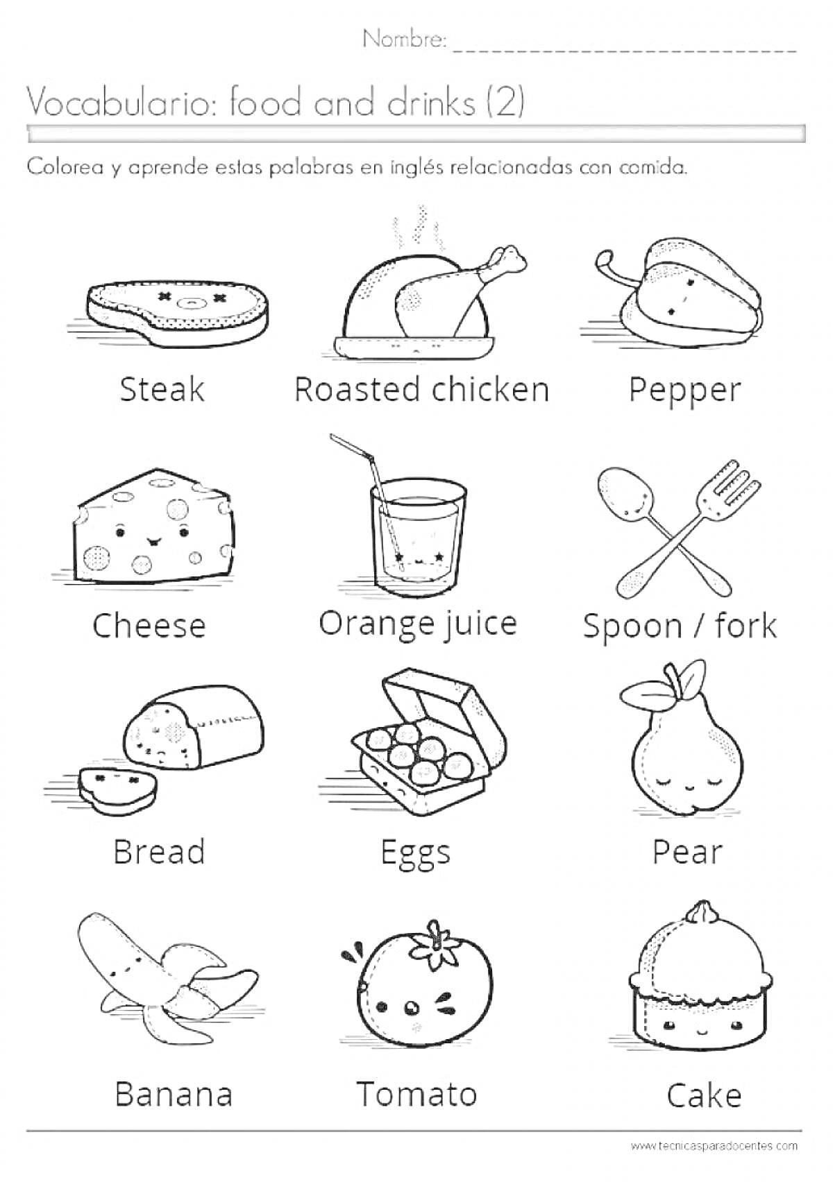 Еда и напитки (Steak, Roasted Chicken, Pepper, Cheese, Orange Juice, Spoon/Fork, Bread, Eggs, Pear, Banana, Tomato, Cake)