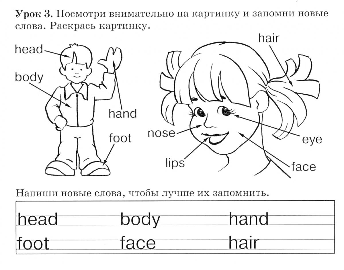 На раскраске изображено: Части тела, Английский язык, Голова, Волосы, Рука, Лицо, Губы, Глаза, Веревочки