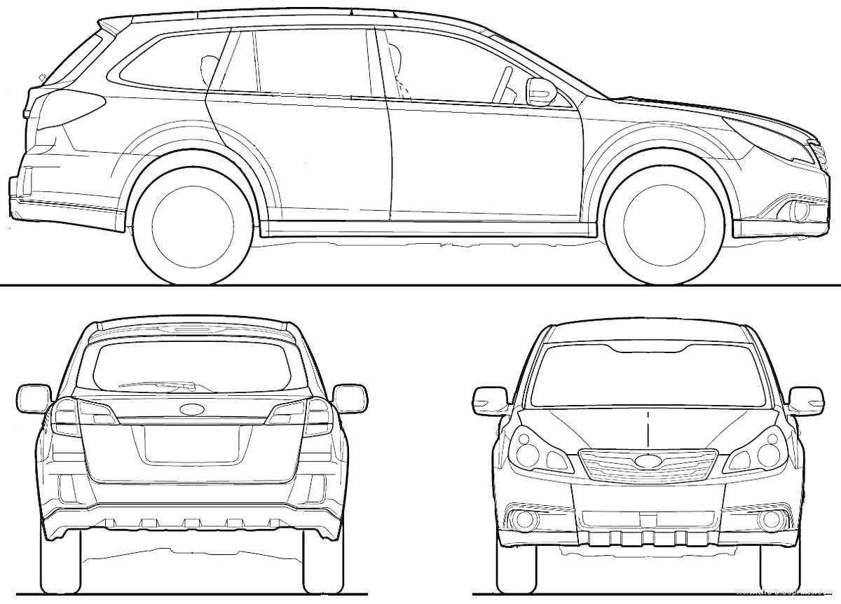 Раскраска Черно-белая раскраска автомобиля Subaru Forester, включающая вид сбоку, спереди и сзади.