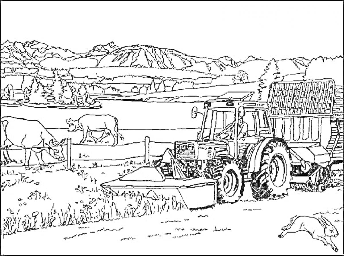 Раскраска Трактор на поле с коровами и горами на заднем плане