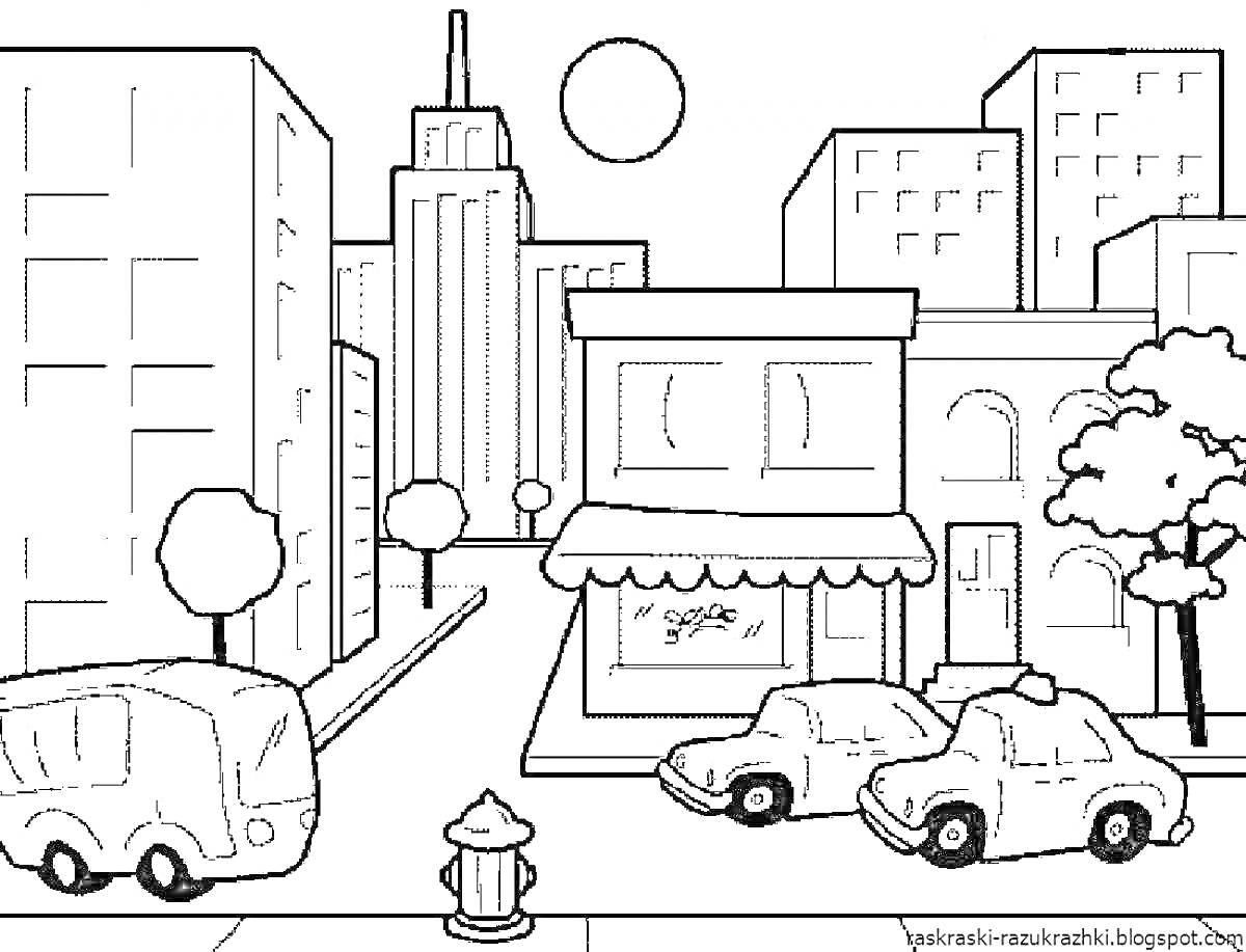 Раскраска Город с дорогой, автобусом, припаркованными машинами, зданием, деревьями, пожарным гидрантом и солнцем