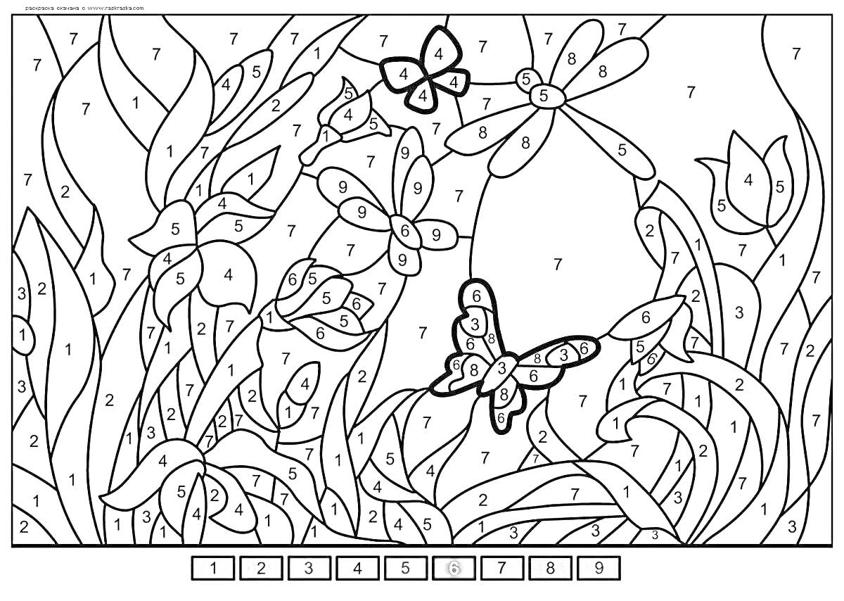 Раскраска Бабочки и цветы в саду на фоне деревьев