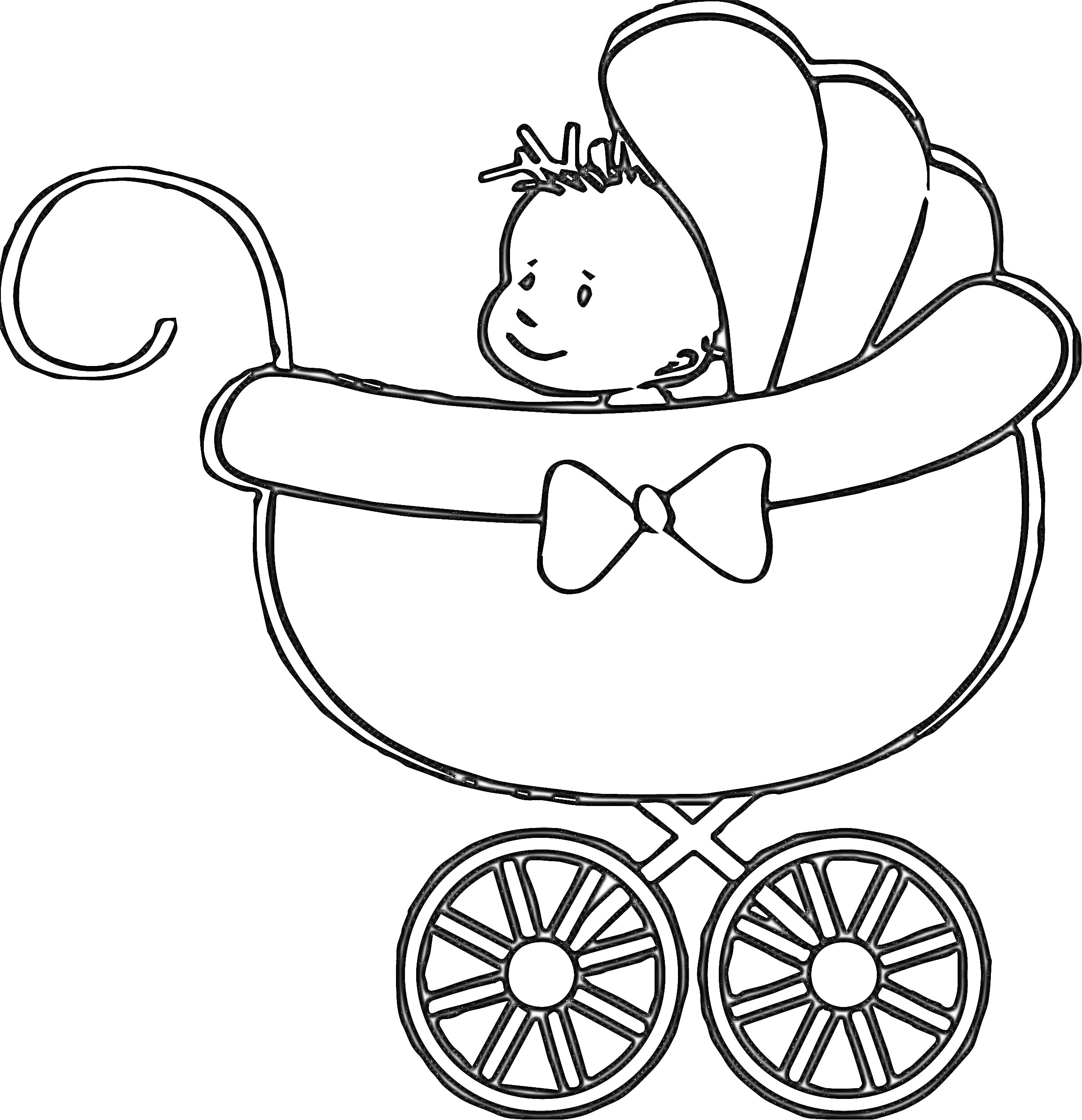 На раскраске изображено: Коляска, Младенец, Бант, Колеса, Ребёнок, Контурные рисунки, Купола