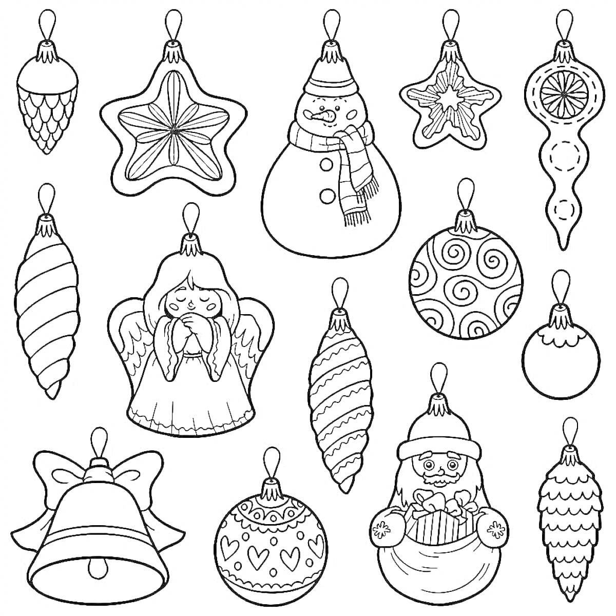 На раскраске изображено: Новый год, Стикеры, Ёлочные игрушки, Ангел, Звезды, Зима