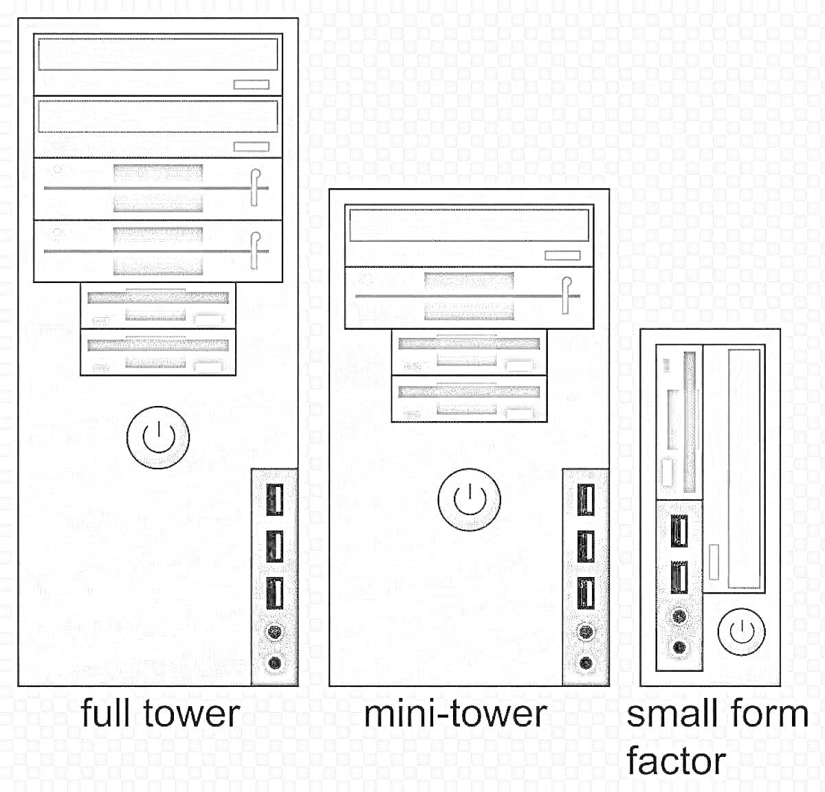 Раскраска Изображение трех типов корпусов ПК: full tower, mini-tower и small form factor.Все корпуса оснащены кнопкой включения, несколькими отсеками для дисководов и различным количеством USB-портов на передней панели.