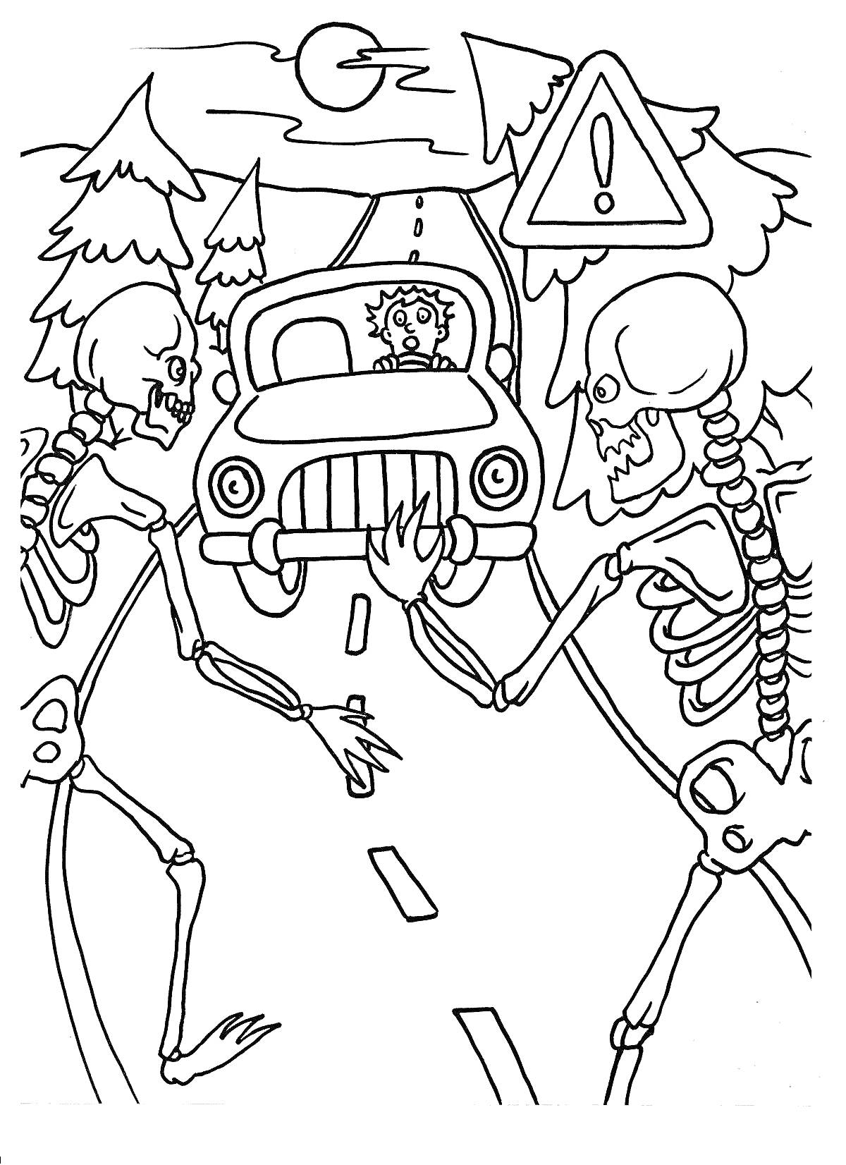 Раскраска Автомобиль на дороге среди леса и скелетов под предупреждающим знаком