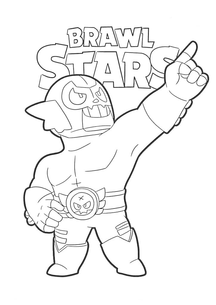 Эль Примо из игры Brawl Stars, с поднятой рукой и логотипом игры на заднем плане
