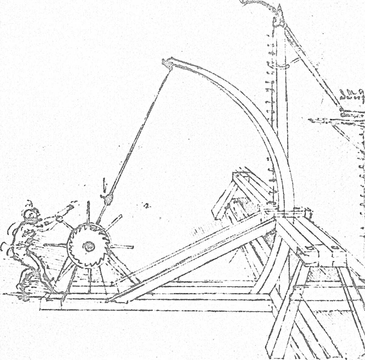 Раскраска Катапульта с человеком, приводящим механизм в действие, колесо с зубьями, рычаг, подставка