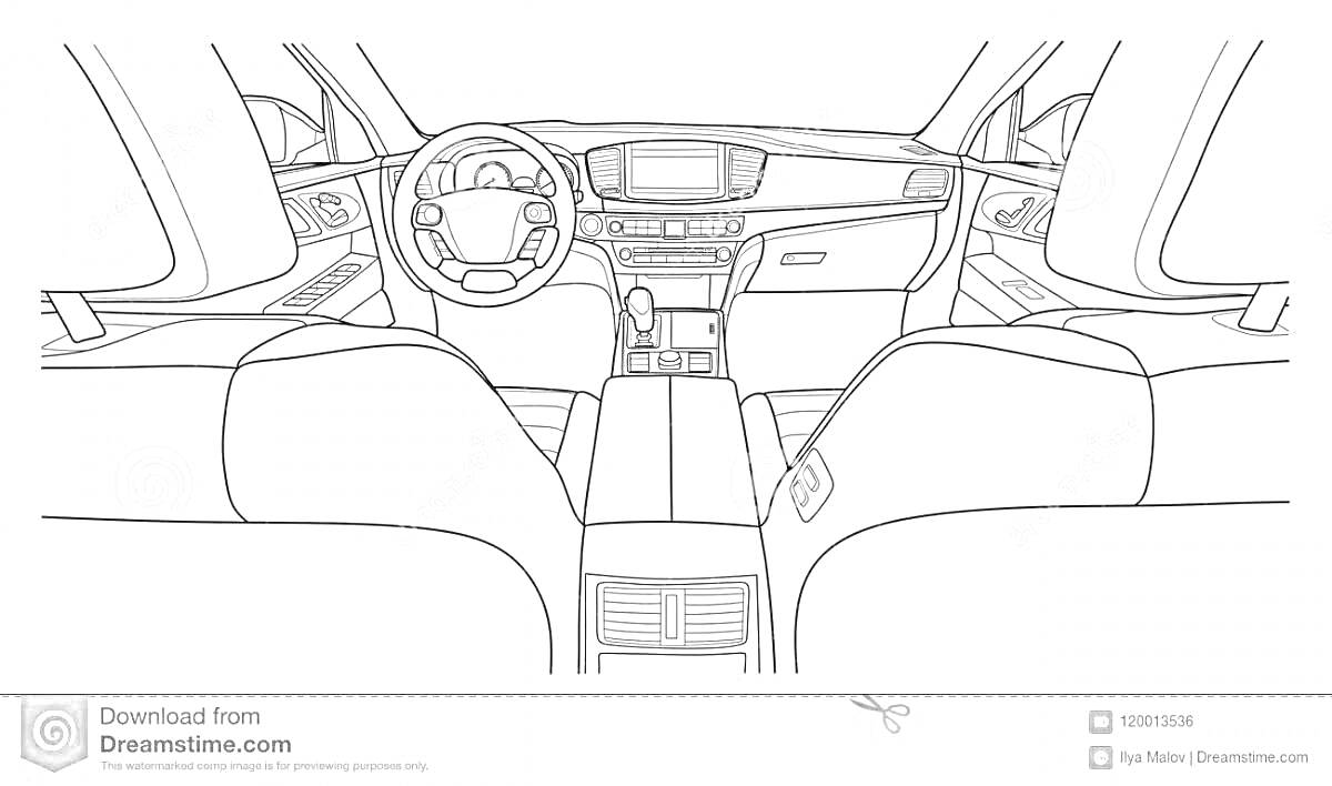 Раскраска Вид салона автомобиля с переднего и заднего сидений, включая руль, приборную панель, центральную консоль, подстаканники и панели дверей