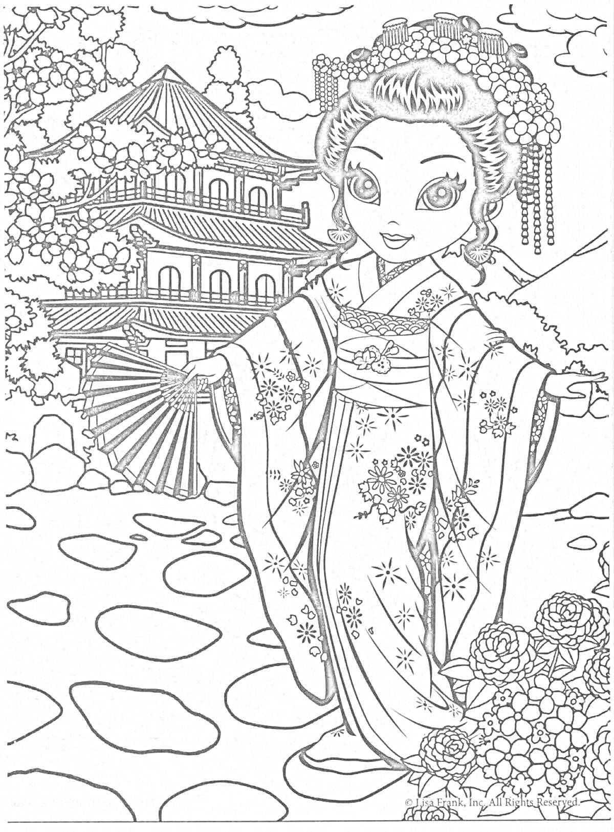 Раскраска Гейша в кимоно с веером на фоне традиционного дома и сада