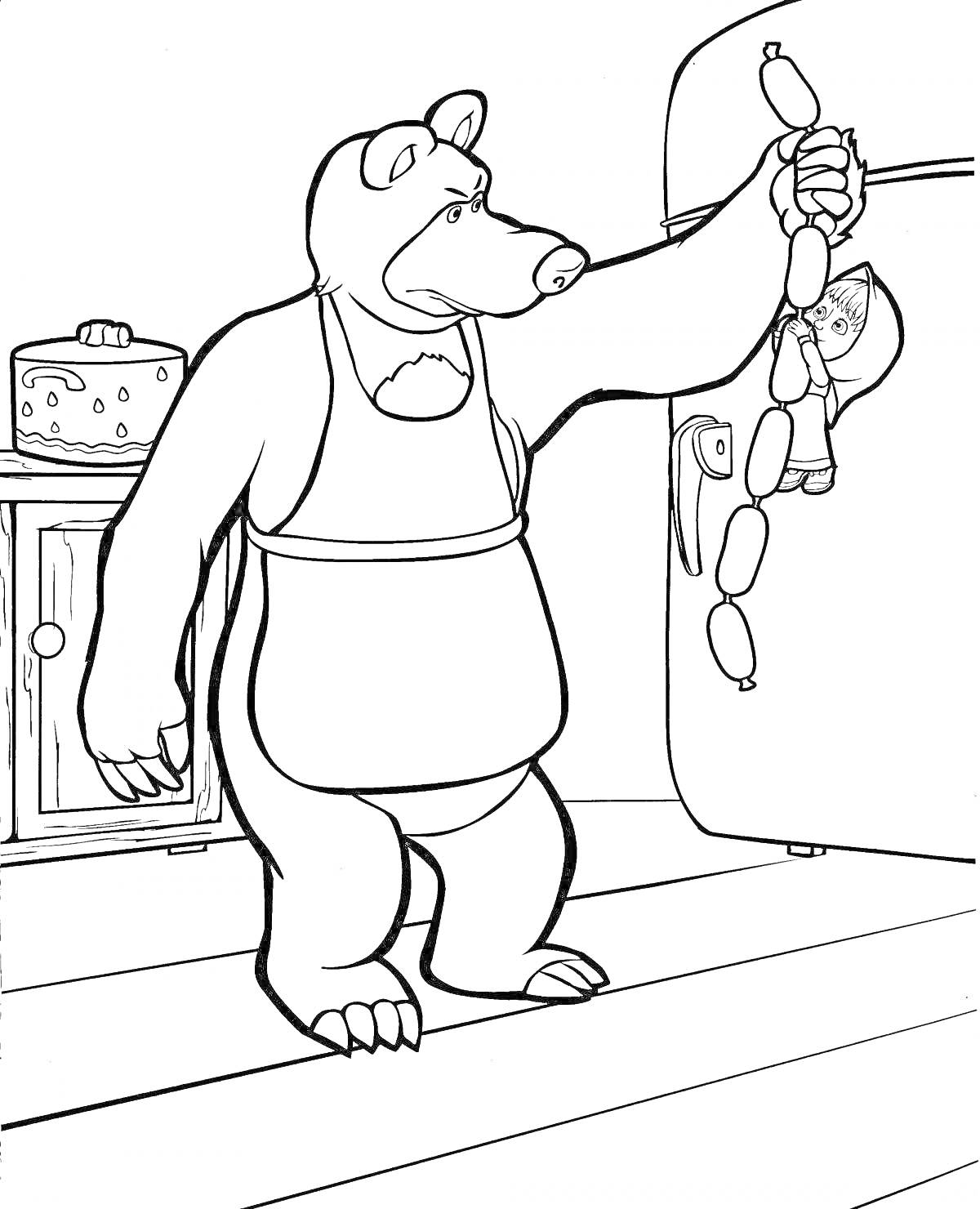 На раскраске изображено: Маша и Медведь, Сосиски, Холодильник, Кухня