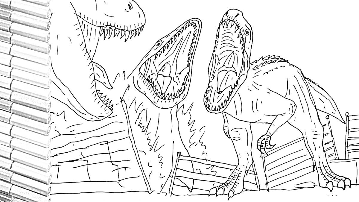 Раскраска Индоминус рекс и другие динозавры за забором
