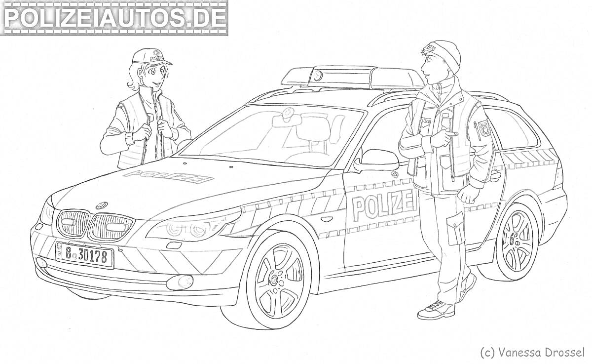 Раскраска Двое полицейских с полицейским автомобилем