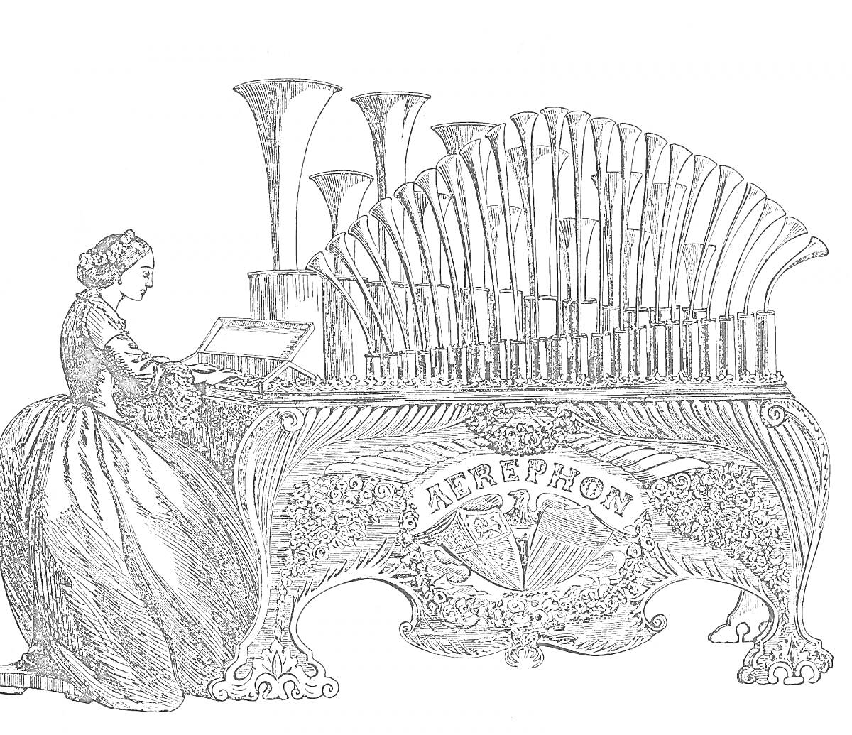 Раскраска Женщина в платье, играющая на механическом органе с трубами и надписью 