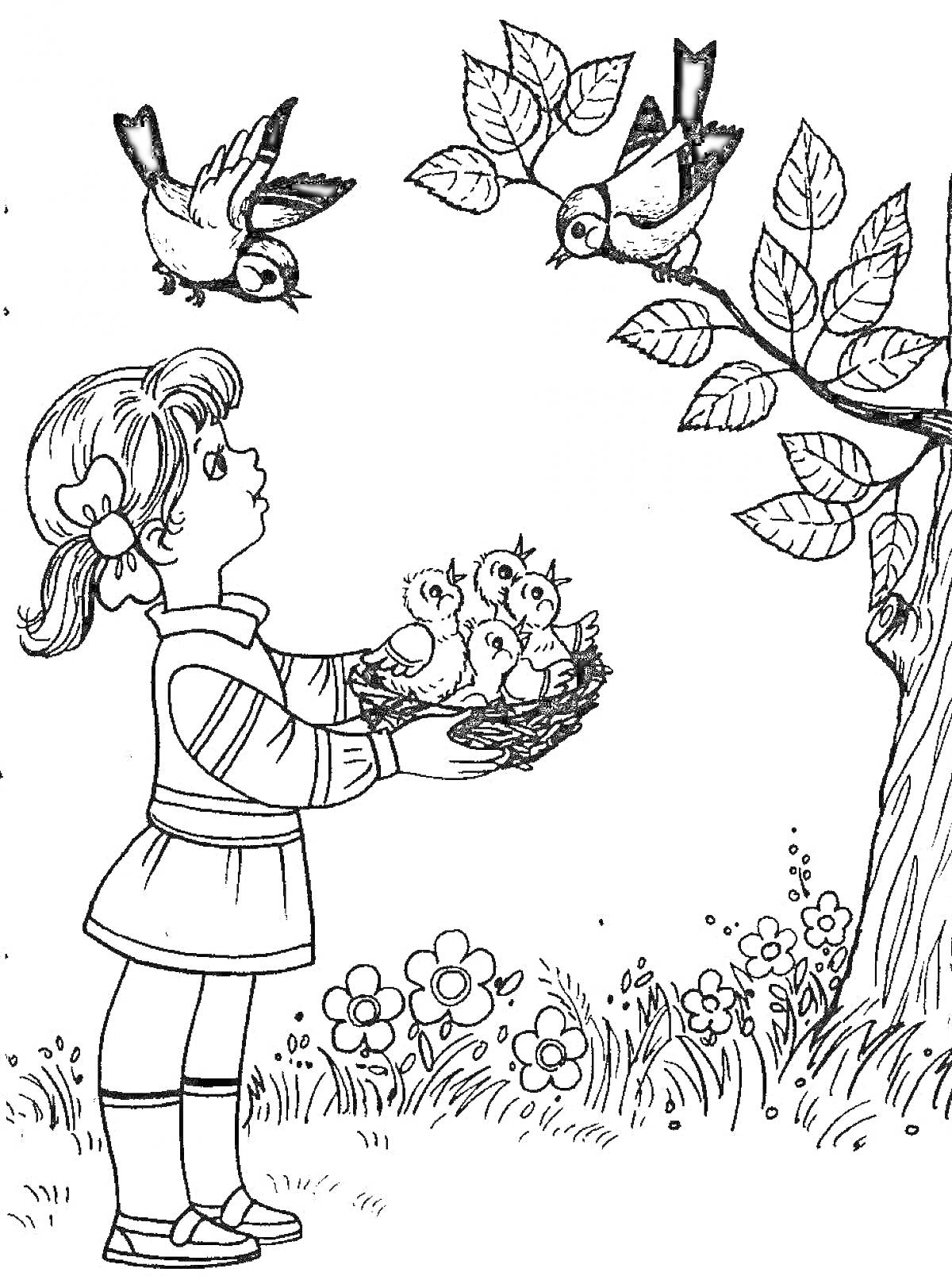 На раскраске изображено: Девочка, Гнездо, Цветы, Природа, Доброта, Помощь животным