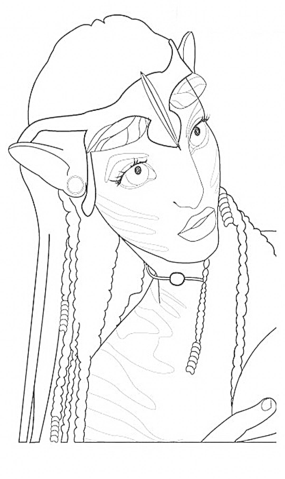 Раскраска Аватар персонаж с вытянутыми ушами, длинными волосами и украшением на голове