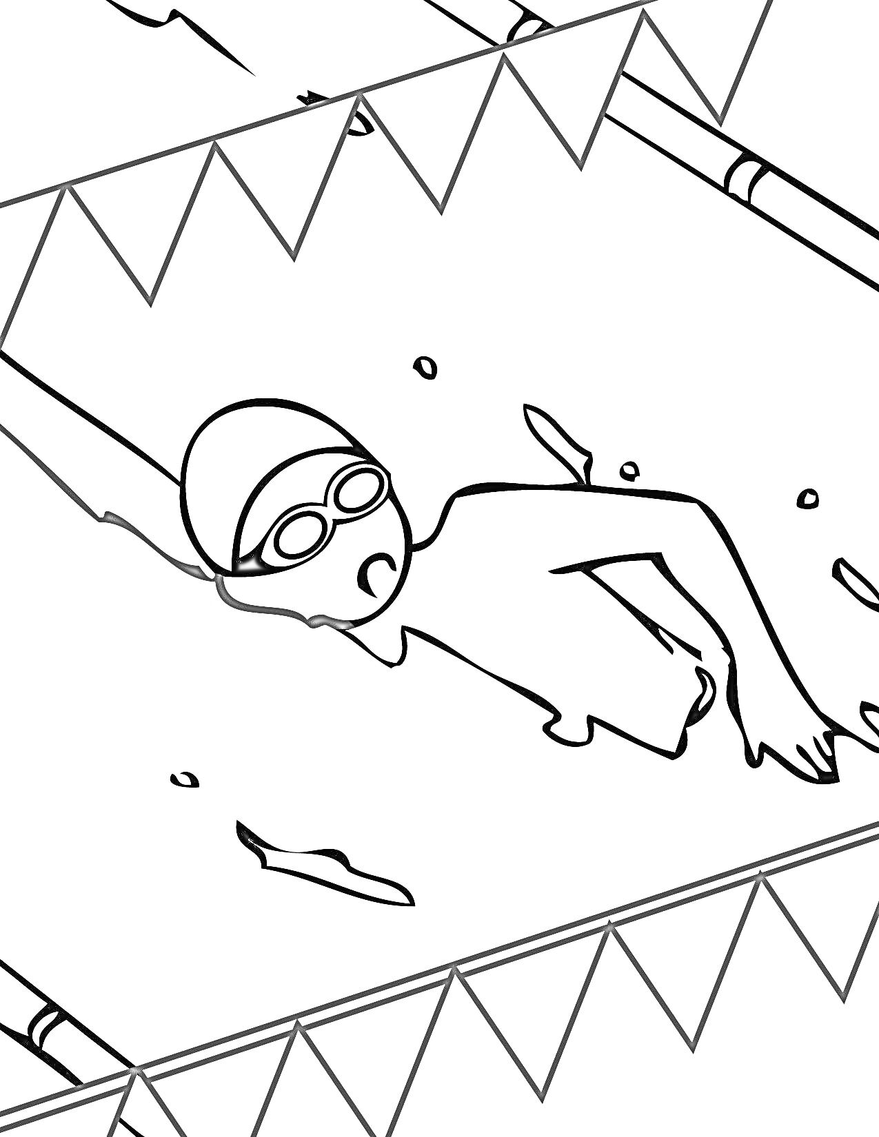 Раскраска Плавание в бассейне: человек в очках и шапочке плавает в бассейне в плавательной дорожке