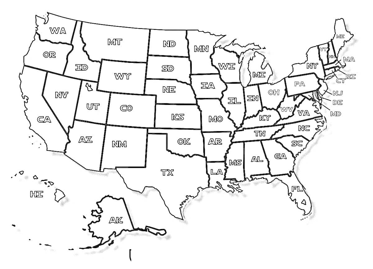 На раскраске изображено: Карта, США, Штаты, География, Для детей, Америка