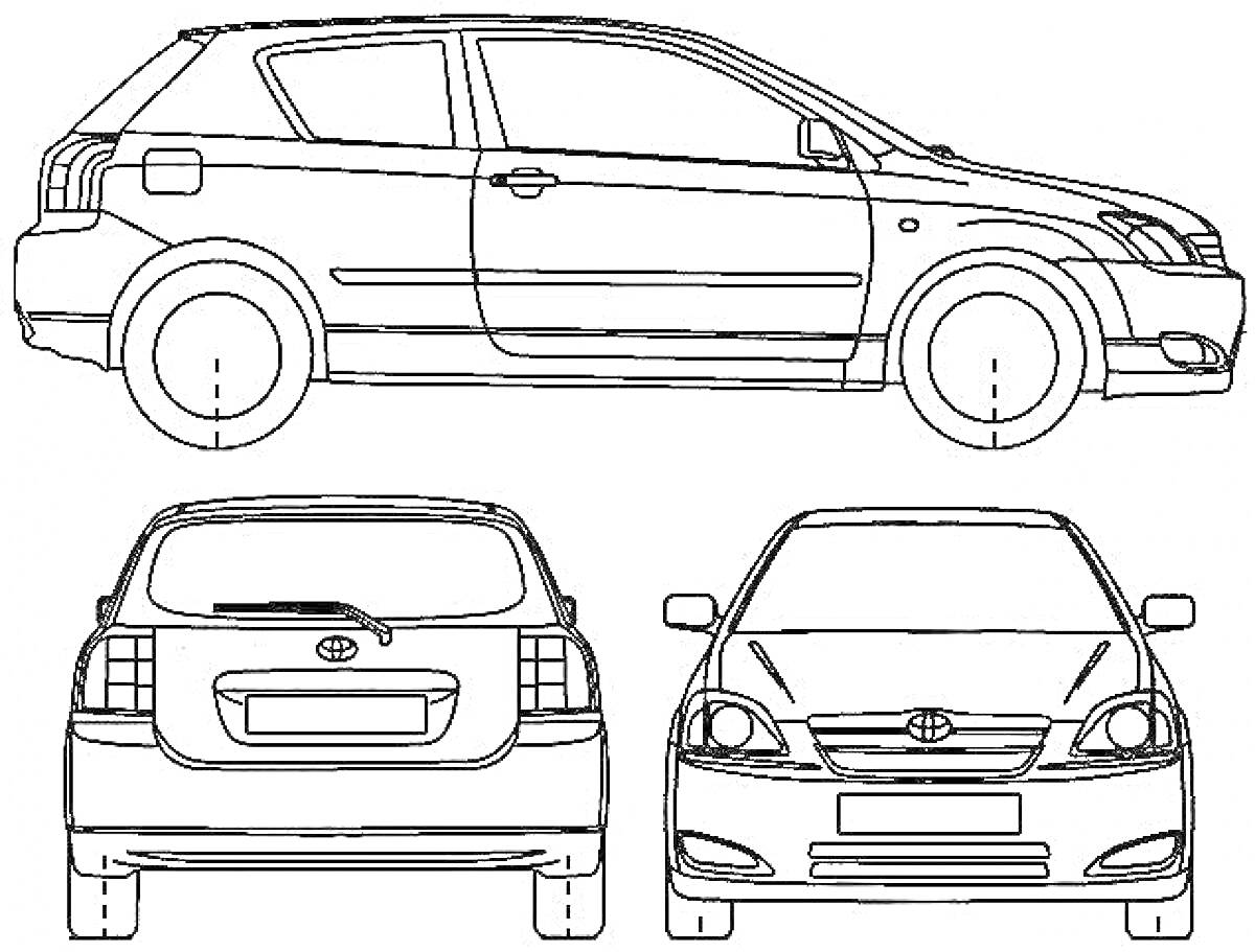 Раскраска Три вида автомобиля Toyota Corolla - боковой, задний и передний вид