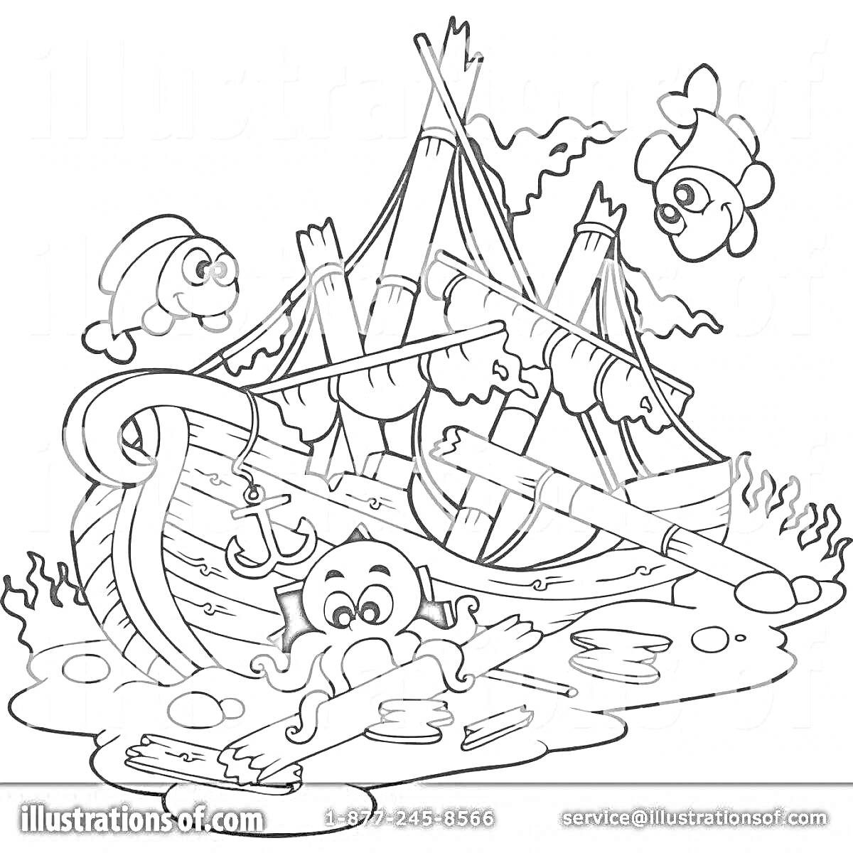 На раскраске изображено: Затонувший корабль, Водоросли, Море, Подводный мир