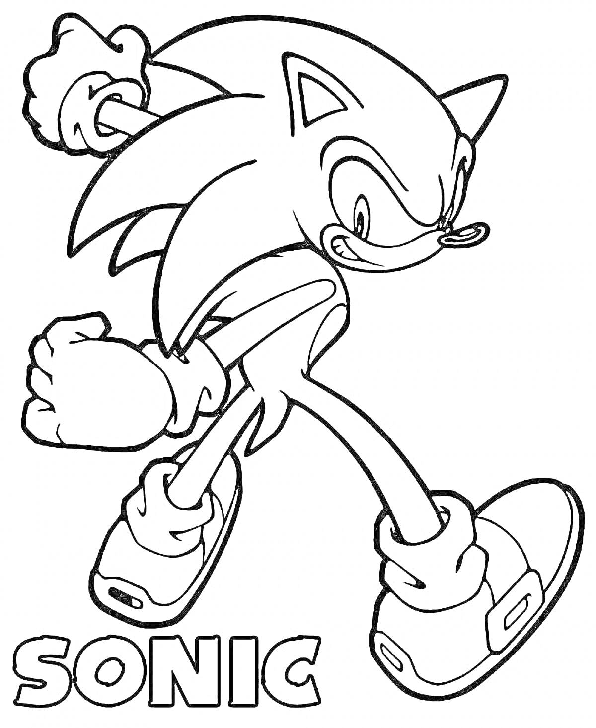 Раскраска Sonic, ёж, стоит с поднятыми руками и сжатым кулаком, в кроссовках с пряжками, надпись 