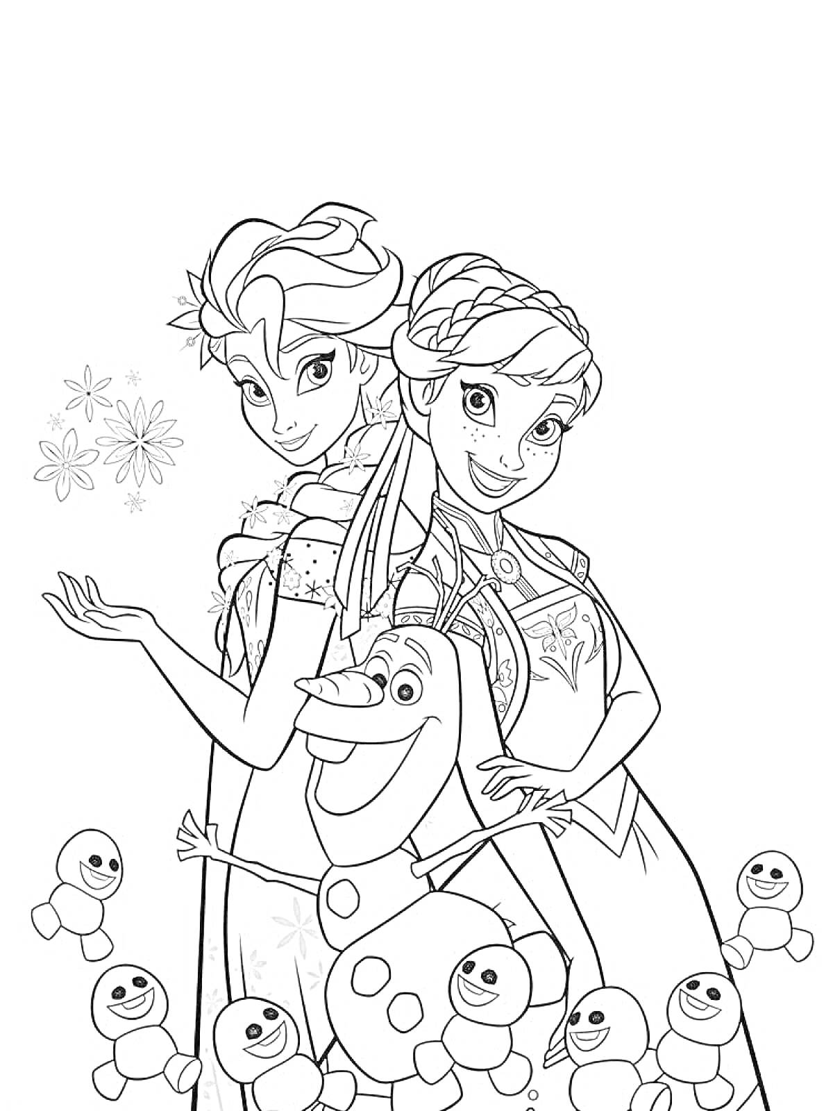 Раскраска Женские персонажи Холодного сердца с улыбающимся снеговиком и маленькими снежными человечками